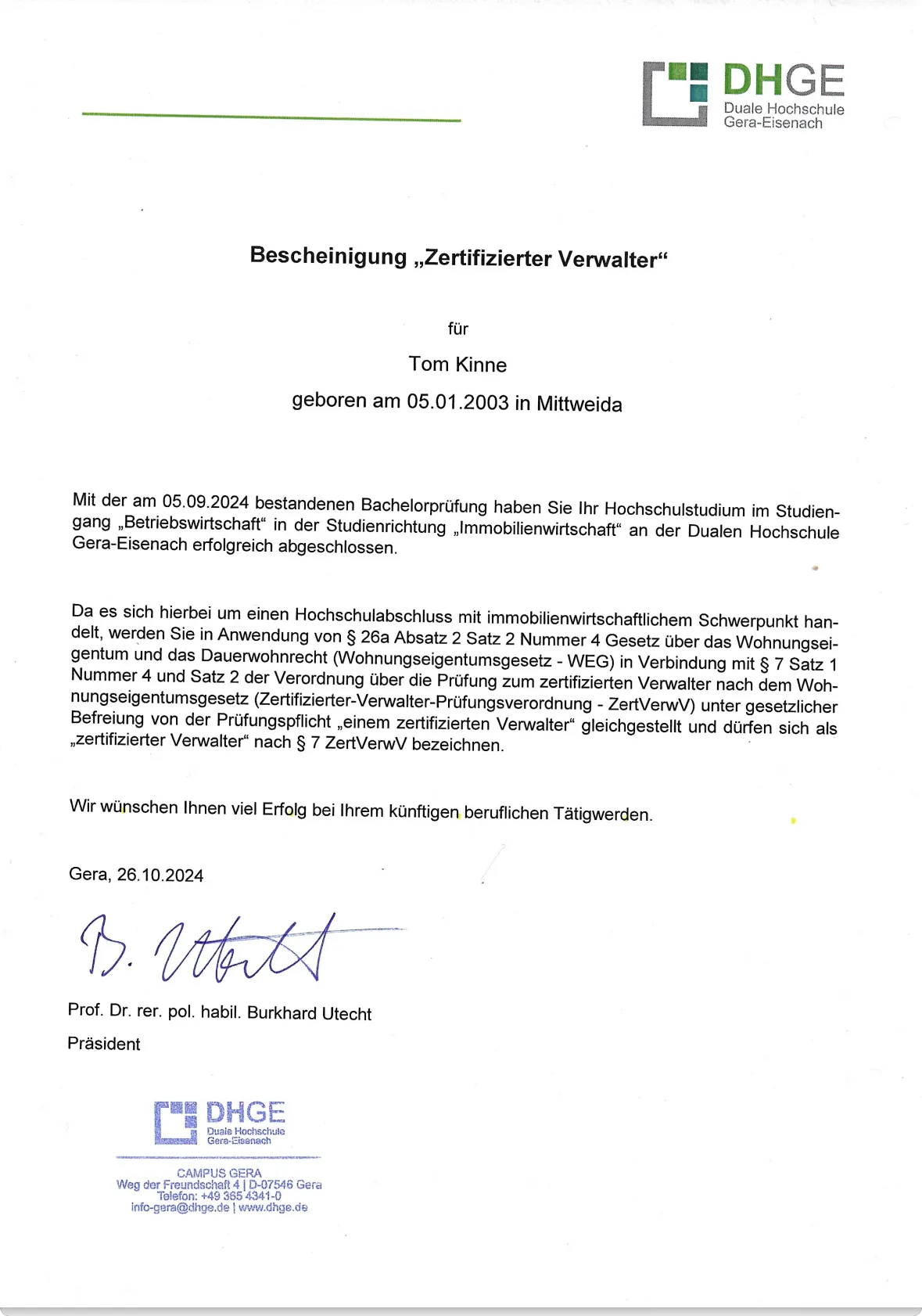 Urkunde Zertifizierter Verwalter